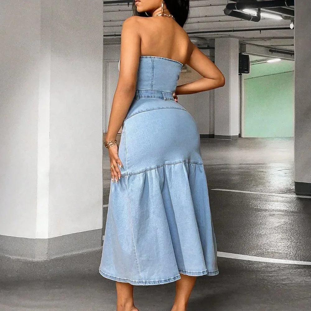 Light Wash Casual Womens Button Front Tube Denim Dress - Picture 3 of 5